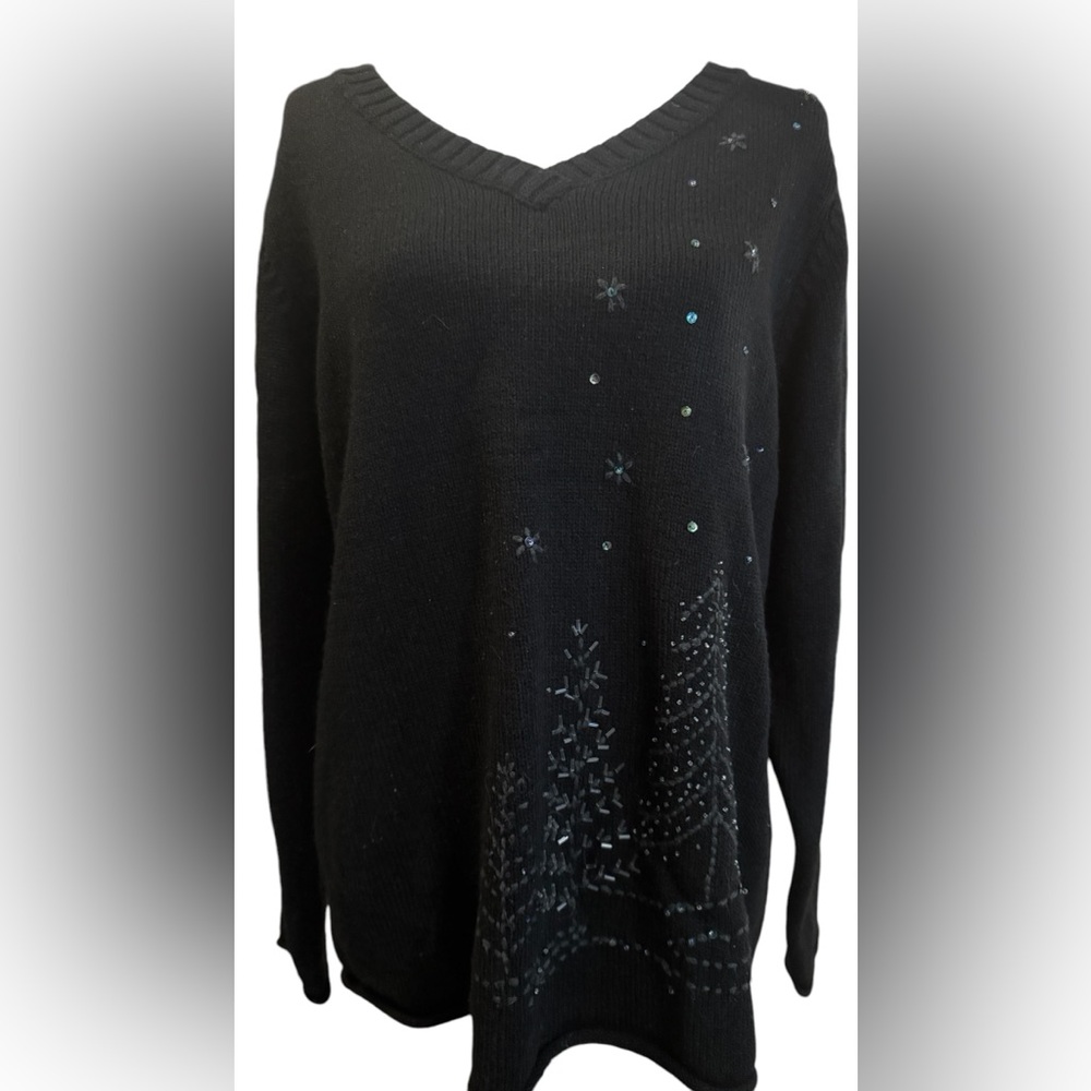Black V-Neck Sweater with Winter Tree Design - Picture 2 of 13